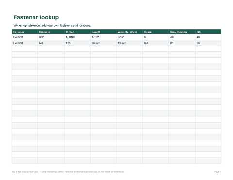 Preview of the first page of Fastener lookup (XLSX)