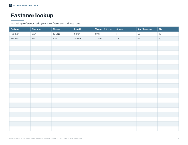 Preview of Printable Fastener Lookup Sheet
